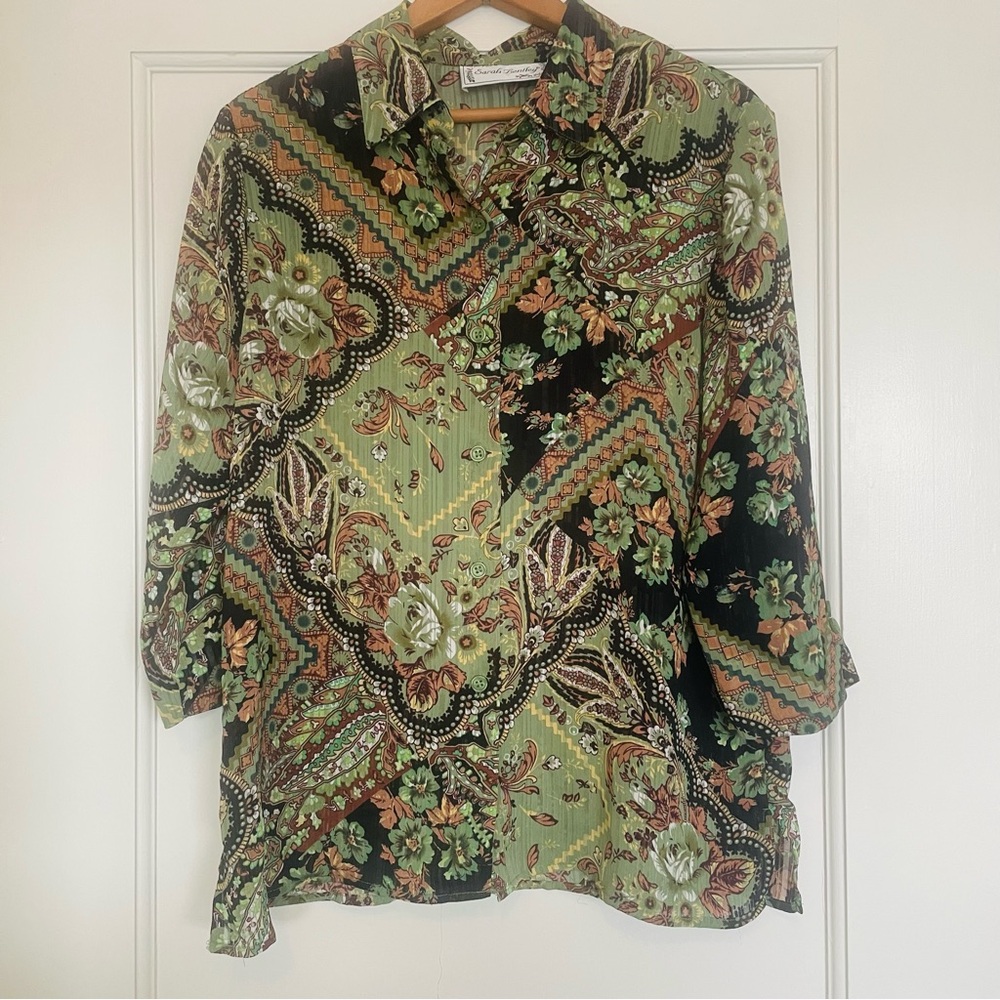 VTG Paisley Green and Brown Floral Woman’s Sheer Blouse | M